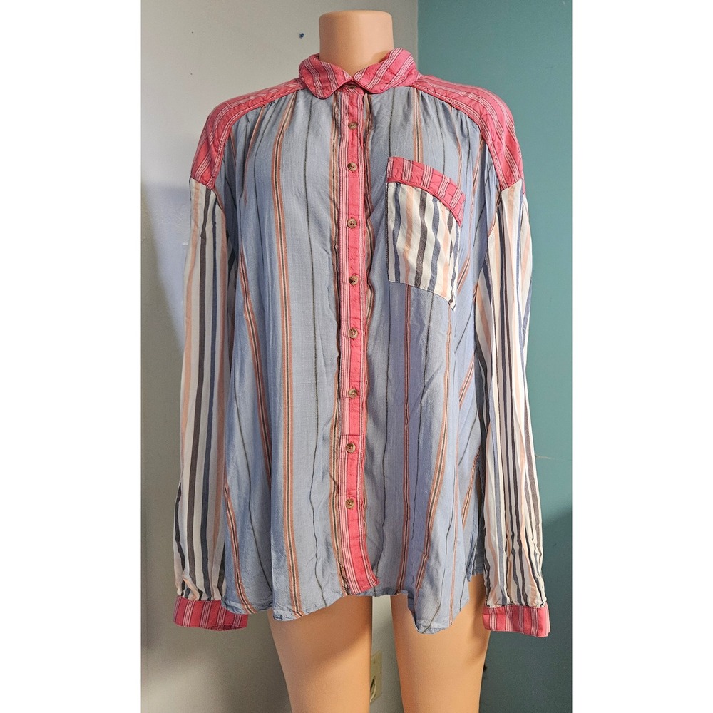 Anthropologie Mixed Stripe Button Down Shirt Women Size M Blue Pink Boho Top